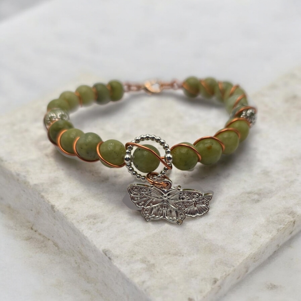 Green Jasper Butterfly Charm Bracelet – Handcrafted Wire-Wrapped Beaded Jewelry - Picture 2 of 5